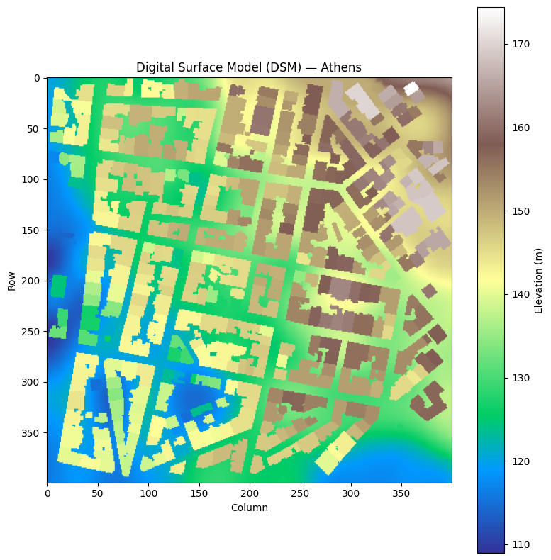 Digital Surface Model (DSM) raster for the Athens study area, showing building and terrain elevations as a heatmap with an elevation colour bar.