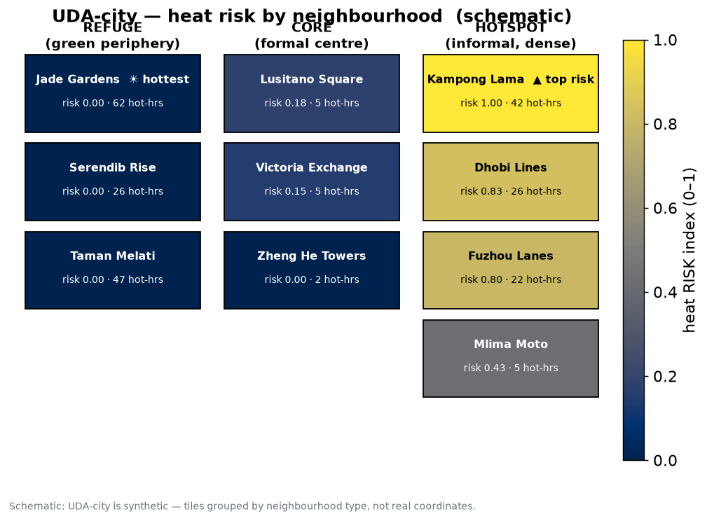Schematic map of the ten UDA-city neighbourhoods grouped by type and shaded by heat-risk index; hotspots are brightest (highest risk), refuges and most cores are darkest (lowest risk).